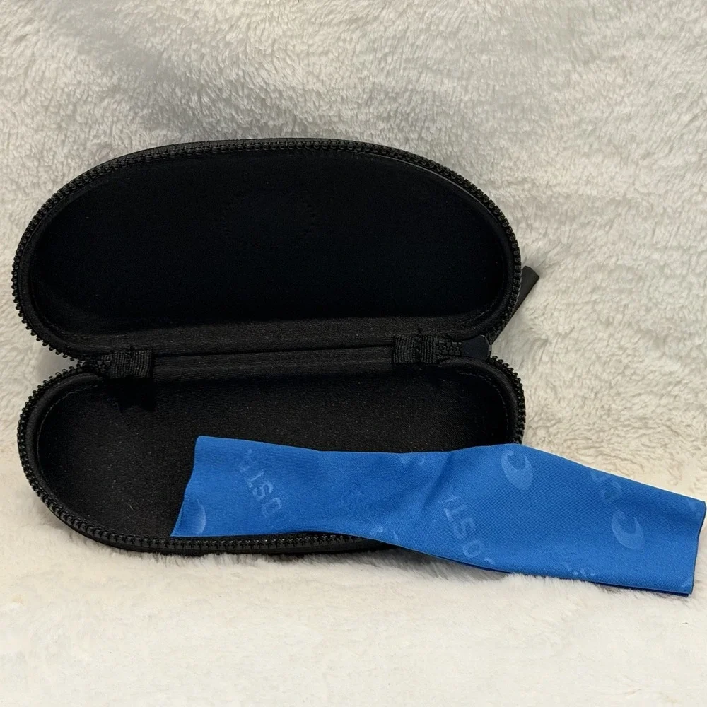 Costa Del Mar Zippered Hard Shell Black Sunglass Case & Blue Logo Cleaning Cloth